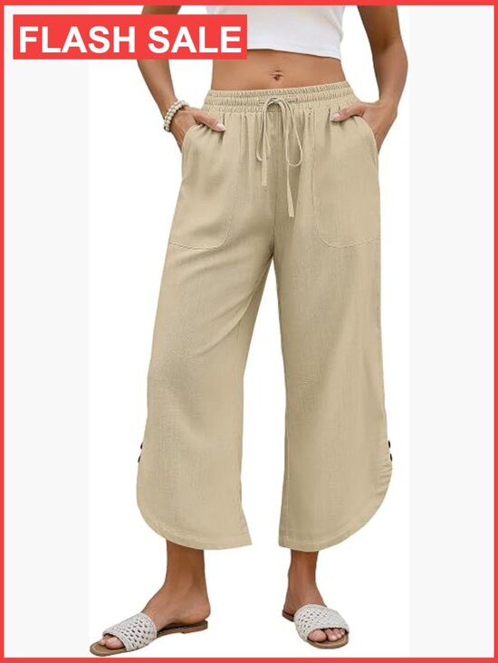 Pants - Women's Cotton Linen Wide Leg Capri Pants with Pockets